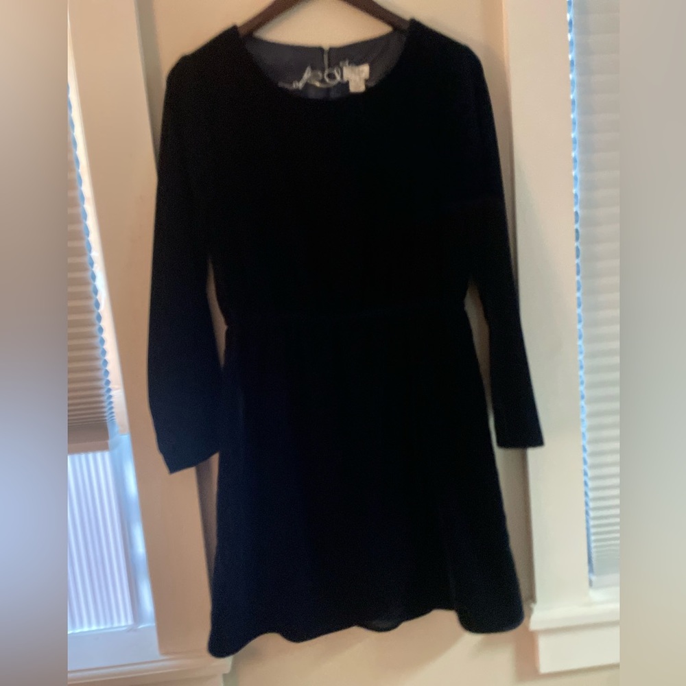 J Crew navy blue velvet dress, with tulip hem. Worn only once.